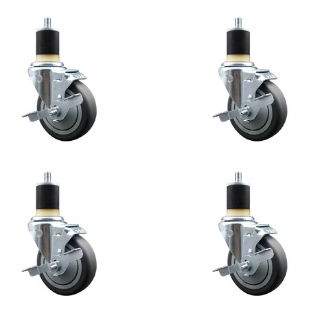 Service Caster 4'' SS Thermoplastic Rubber Swivel 1-7/8'' Expanding Stem Caster Set with Brake, 4PK SCC-SSEX20S414-TPRB-TLB-178-4